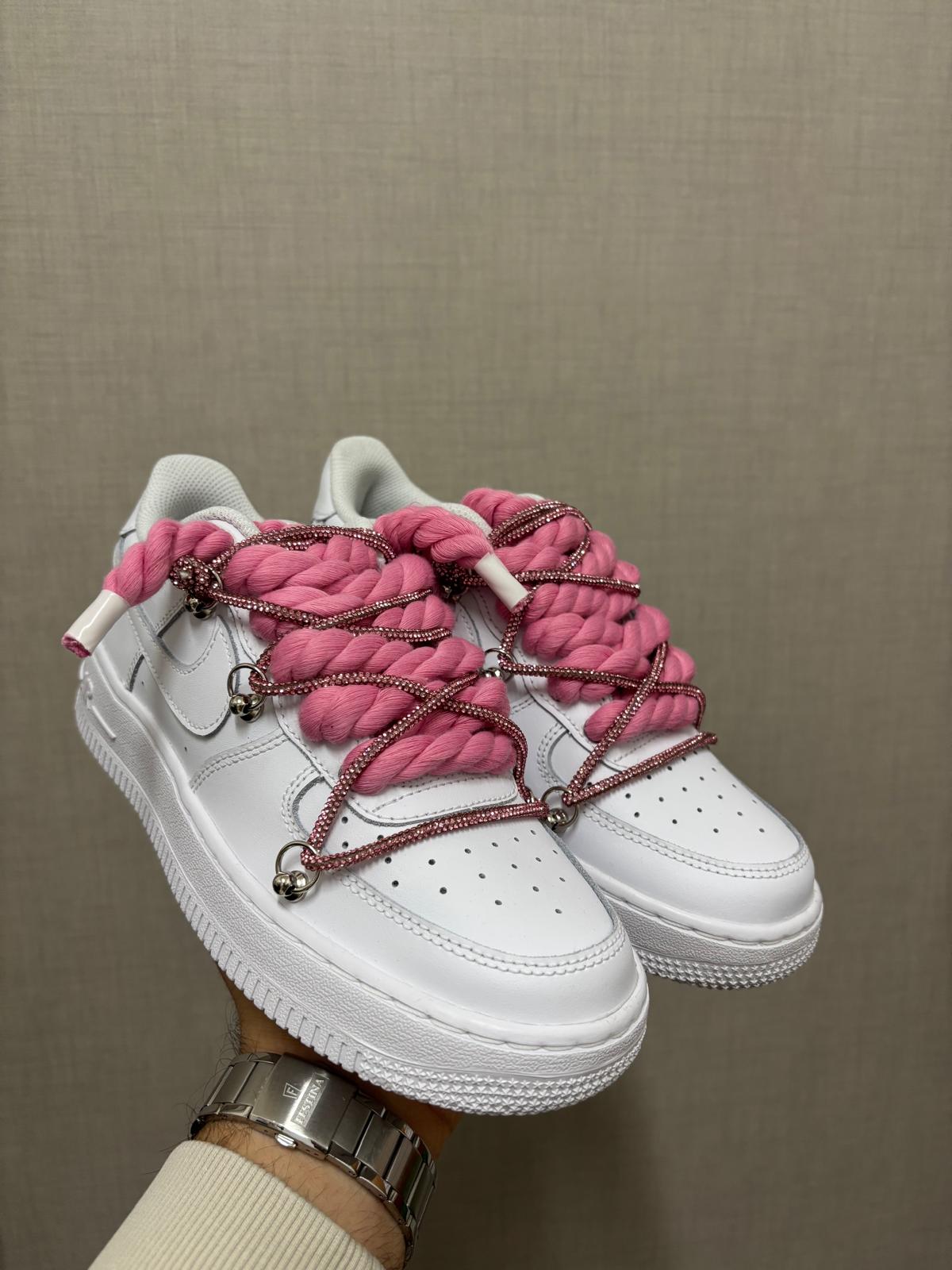 Nike Air Force 1 Custom White Rope Laces Pink Off Swarovski Glitter Strass Rosa Silver